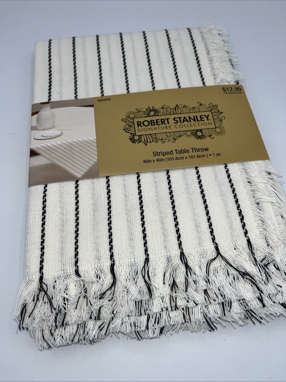 NWT Farmhouse Striped TABLE THROW White Black 40”x40” Rustic Fall Classic Fall